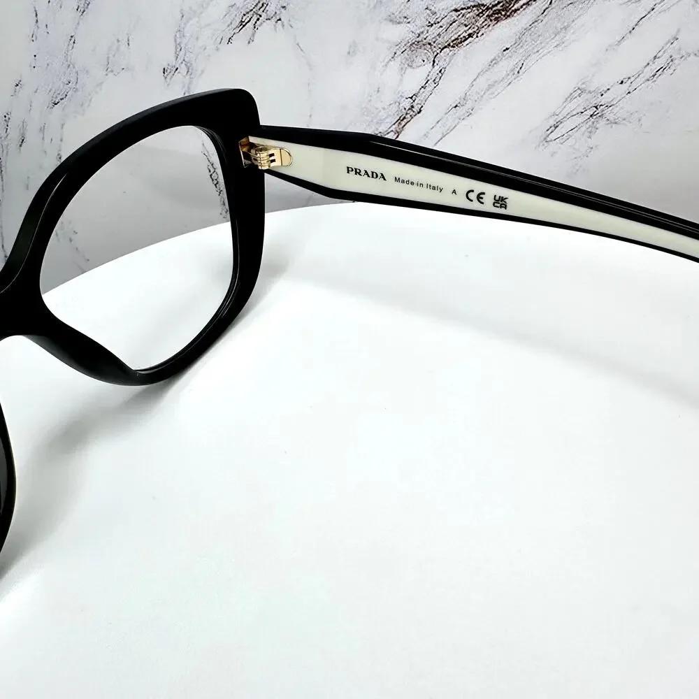 New PRADA Eyeglasses Cat Eye Black White Gold 53-17-140 Womens